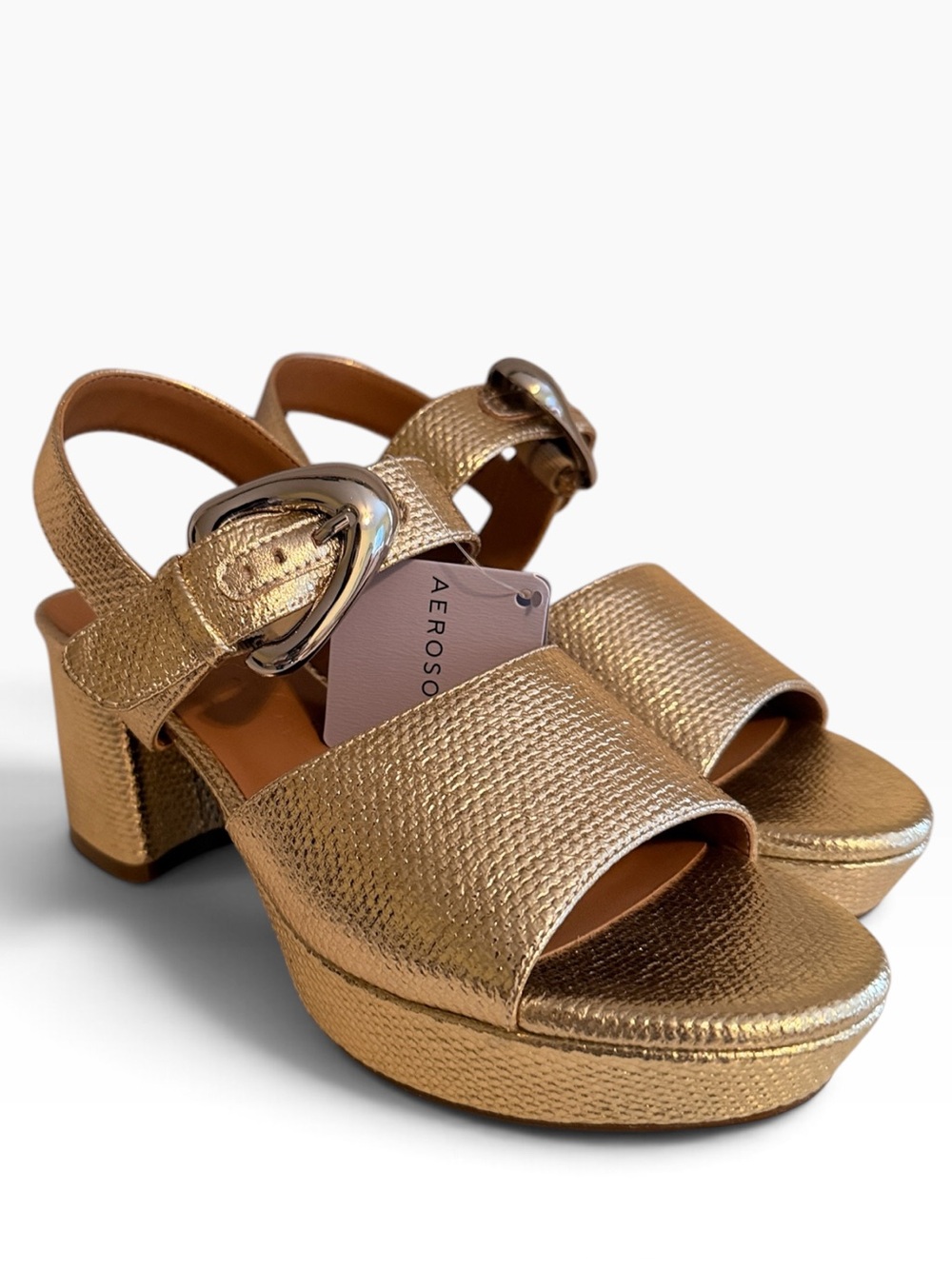 AEROSOLES "Chamber" Soft Gold Canvas Platform Block Heel Sandals NIB 7